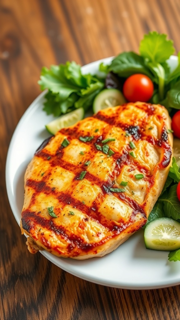 Grilled chicken breast garnished with herbs, served with a fresh salad on a rustic table.